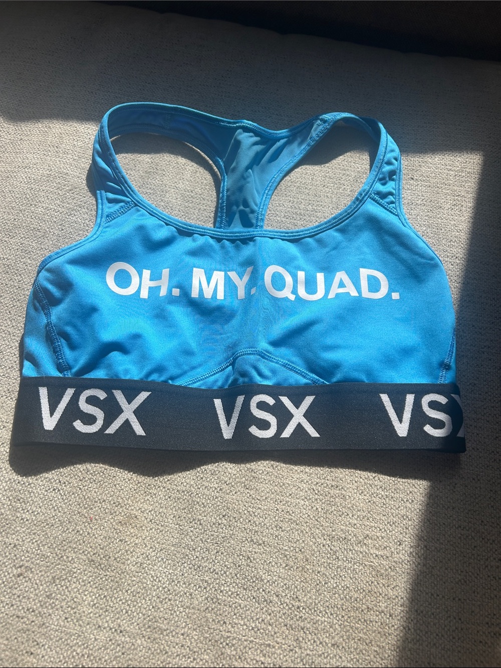 VSX Blue Racerback Sports Bra with OH. MY. QUAD. Print
